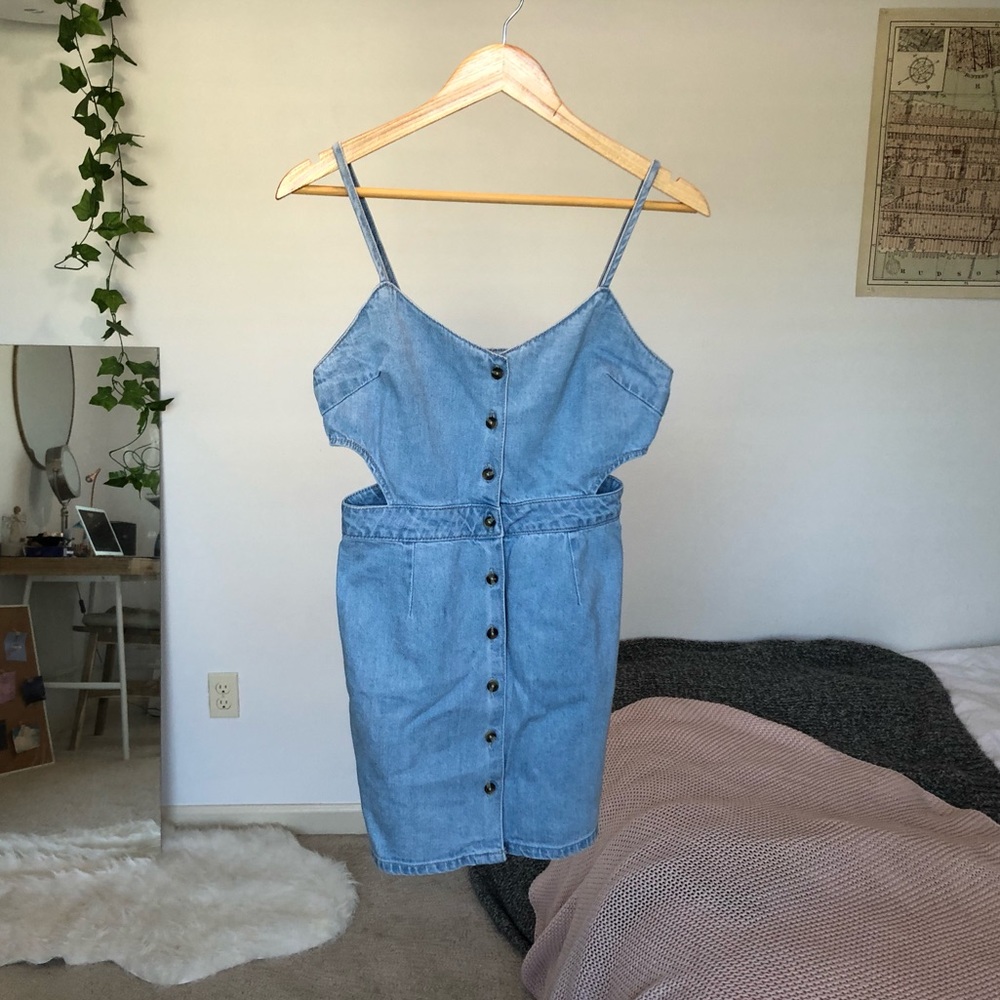 Denim v neck button up cut out dress